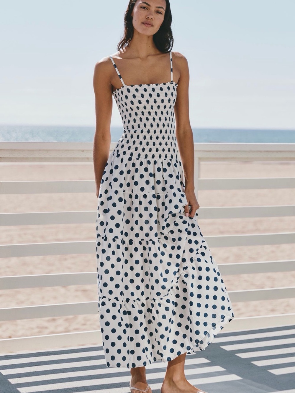 Peixoto White Midi Dress with Navy Polka Dots